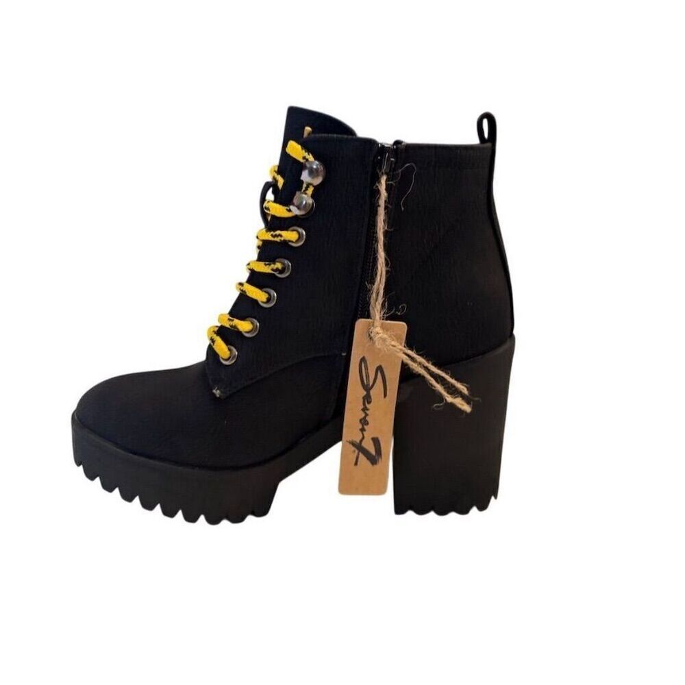 Black Platform Lace-Up Ankle Boots with Yellow Laces - Picture 3 of 9